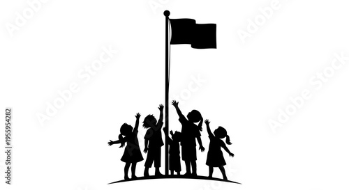 Children gathered around a flagpole raising a flag together in unity