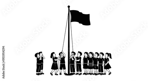 A group of women raising a black flag together in a symbolic gesture.