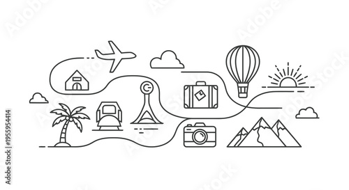 A simple line drawing depicting various travel related icons and symbols connected by a flowing line.