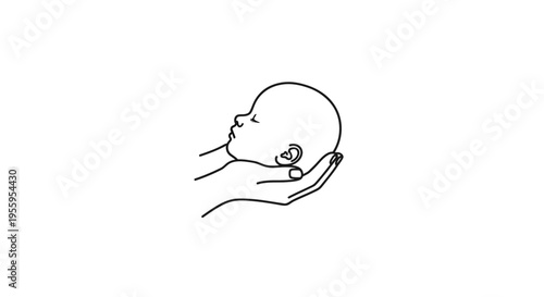 Gentle Hands Holding Sleeping Newborn Baby Head, Minimalist Line Art Illustration