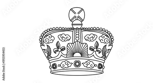 A detailed line drawing of a royal crown with intricate designs and patterns.