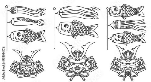 A collection of simple drawings featuring fish and crab designs in black and white.