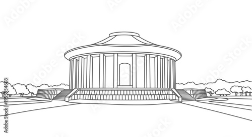A simple line drawing of a neoclassical building with columns and a triangular roof.