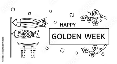 A simple black and white illustration celebrating golden week with traditional japanese elements.