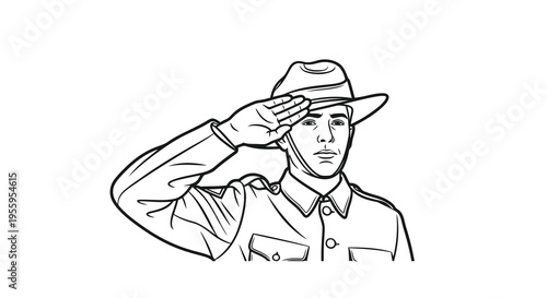 Simple black and white illustration of a person saluting with a hat on.