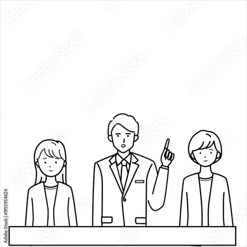 線画の会議で方針を説明するビジネスパーソンのイラスト
