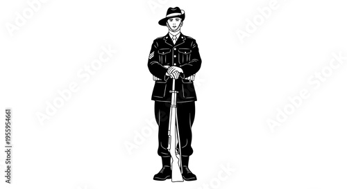 A police officer standing with a rifle in a simple illustration.