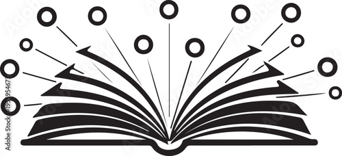 Open book with radiating arrows and circles, symbolizing knowledge sharing education and information dissemination