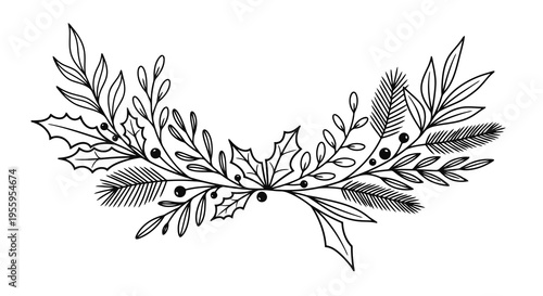 A beautiful black and white illustration of a laurel wreath on a white background.