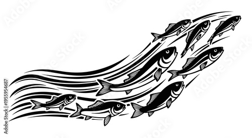 A black and white illustration of a dragon's head with flowing mane and sharp teeth.