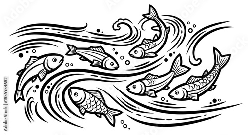 Black and white illustration of fish swimming in the ocean waves.