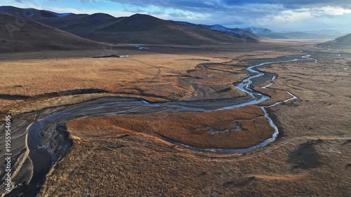 Aerial view of meandering rivers and vast pastures in Western China: Large herds of yaks grazing on the Tibetan Plateau under the sunset