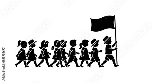 A group of children marching together with flags in a parade or protest.