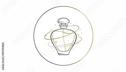 Elegant Perfume Bottle Icon with Swirling Golden Ribbons and Stars
