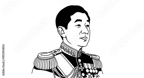 A black and white illustration of a military officer with medals on his chest.