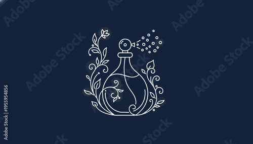 Elegant Perfume Bottle with Floral Swirls - Vintage Style Line Art