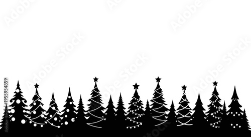 A silhouette of snow-covered evergreen trees against a white background.