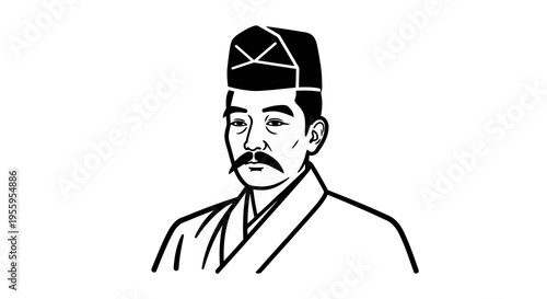 A simple line drawing of a man with a mustache and traditional clothing