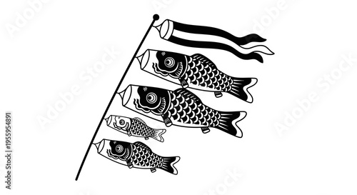 A simple black and white illustration of carp streamers on a flagpole.