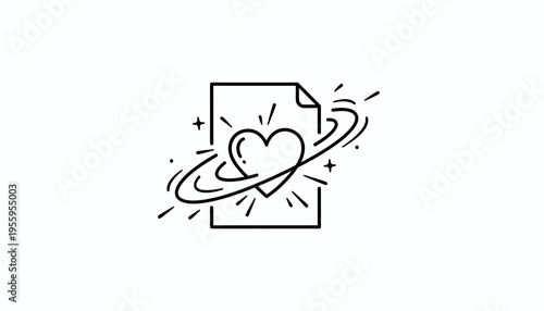 Cosmic Heart Icon on Document Paper with Orbiting Rings and Stars