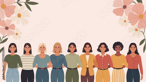 Diverse group of women standing together in unity and solidarity surrounded by colorful flowers on a soft pink background promoting female empowerment and friendship