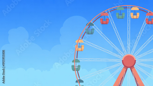 Colorful ferris wheel against blue sky with clouds at amusement park