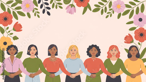 Diverse group of women standing together in unity with floral background for friendship and solidarity concept
