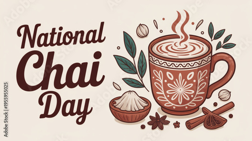 National chai day celebration with steaming cup of chai tea and spices on a beige background