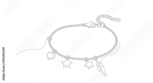 Delicate Silver Charm Bracelet with Heart, Star, and Feather Charms on White Background