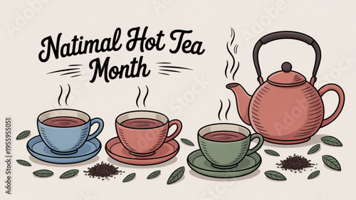 National hot tea month celebration with colorful tea cups and teapot on beige background
