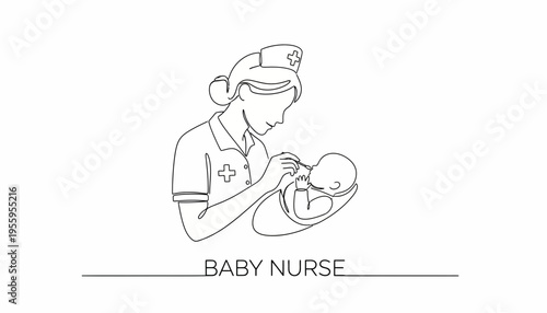 Baby Nurse Caring for Newborn Infant in Minimalist Line Art Style