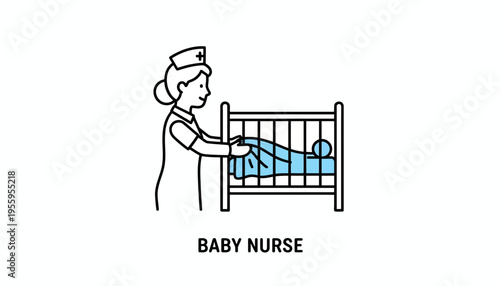 Baby Nurse Caring for Newborn in Crib: Healthcare, Childcare, and Medical Illustration