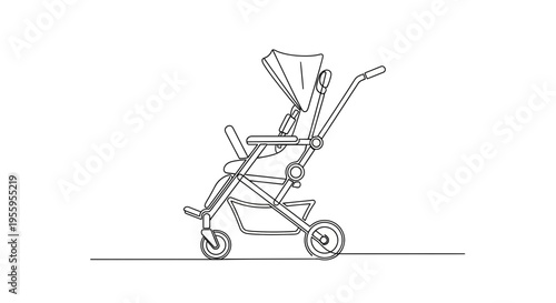 Baby Stroller Line Art Drawing, Minimalist Design, Isolated on White Background