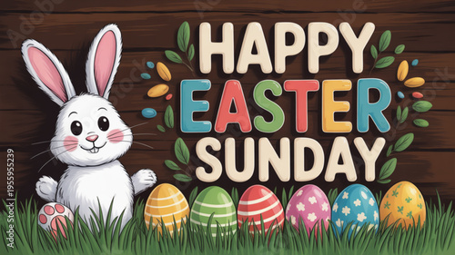 Easter bunny with happy easter sunday text and colorful eggs in grass