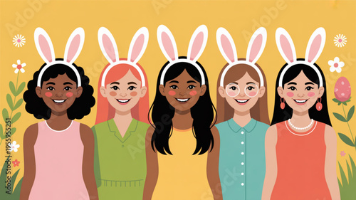 Diverse group of young women wearing bunny ears smiling and standing together in colorful outfits against a bright yellow background with flowers perfect for easter or spring