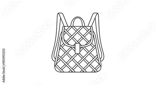 Black and White Line Art Backpack Icon with Plaid Pattern