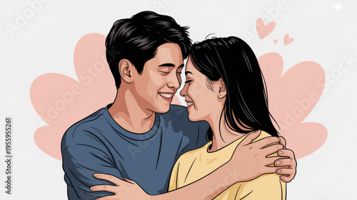 Loving couple embracing and kissing with hearts in background romantic affection and love concept