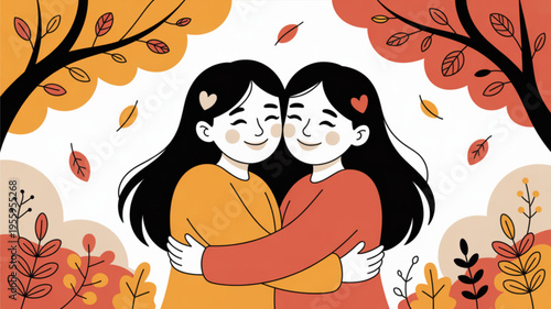 Two young women hugging smiling and showing affection in an autumnal setting with falling leaves and colorful trees conveying friendship and love