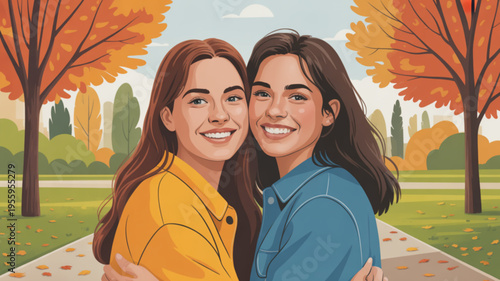 Two smiling young women embracing in an autumn park with vibrant orange trees and a serene pathway