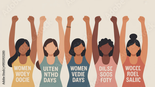 Diverse group of women with raised fists and empowering phrases on colorful tank tops symbolizing female solidarity and strength