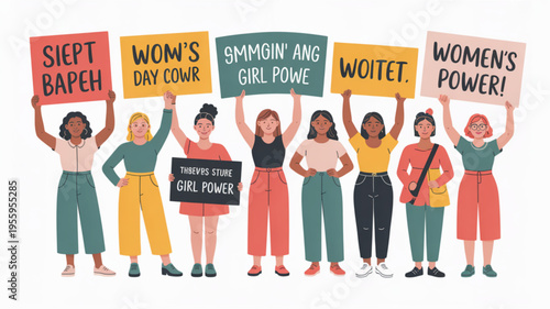Diverse group of women holding signs supporting feminism and girl power in a colorful illustration