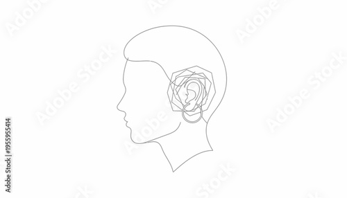 Abstract Geometric Ear Outline with Inner Layers and Hoop Earring on Profile Head