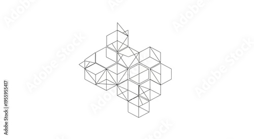 Abstract geometric construction, wireframe cubes and triangles, futuristic architectural design, minimalist.