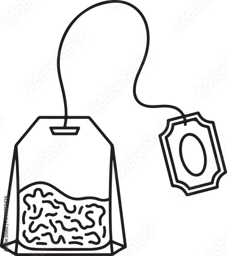 Single tea bag with string and tag containing loose tea leaves steeping in water simple outline vector graphic beverage preparation kitchen