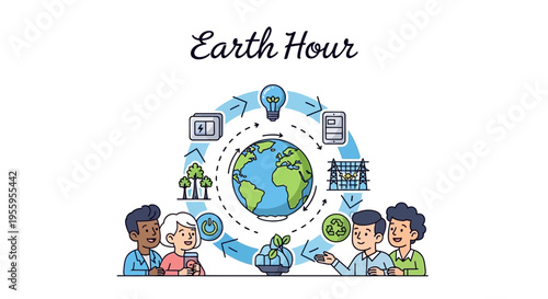 Illustration of diverse people around a globe with eco-friendly icons for Earth Hour campaign promoting environmental protection and sustainability awareness