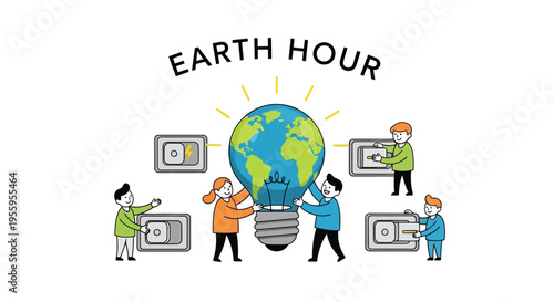 Illustration of people switching off lights for Earth Hour, a global environmental campaign promoting energy conservation and sustainability awareness with a colorful design.
