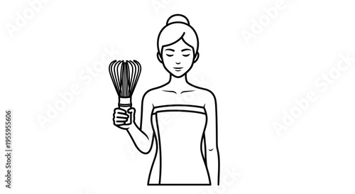 Woman preparing matcha tea with bamboo whisk, illustration