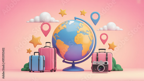 Colorful globe with suitcases and camera for travel planning and adventure
