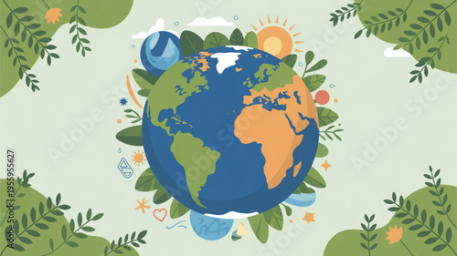 Earth surrounded by lush greenery sun and eco friendly symbols on a light green background representing environmental conservation and sustainability