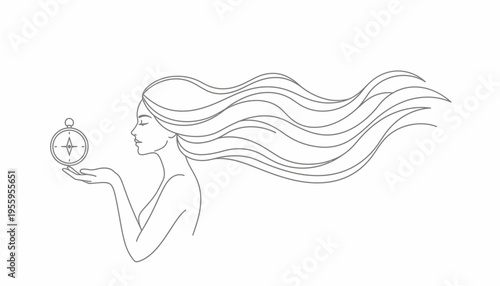 Woman with flowing hair holding a compass, symbolizing guidance, direction, and journey